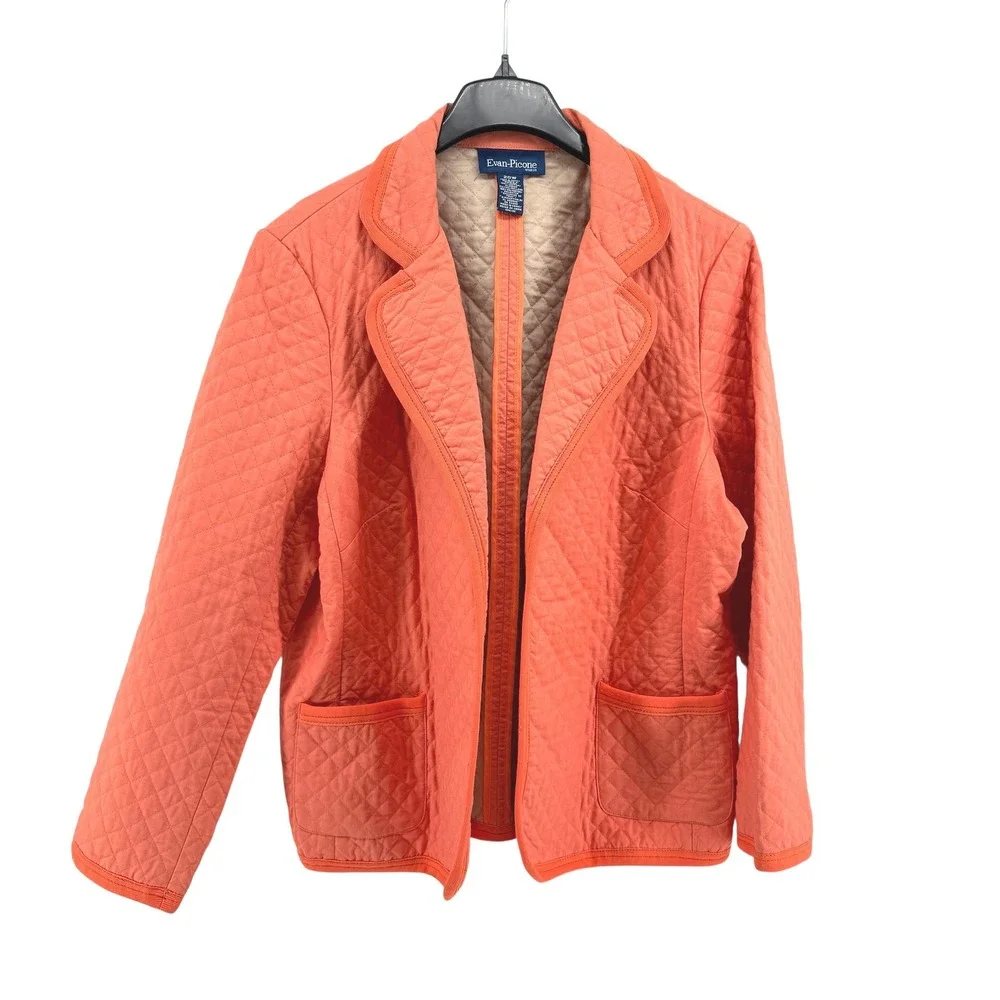 Evan Picone Womens 20W Pre-Owned Quilted Blazer Coral Orange Trim Open Barn Coat